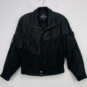 Vintage Bermans Black Fringe Leather Bomber Jacket